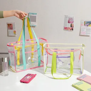 Transparent PVC jelly tote bag with colorful handles and cute cartoon cloud print