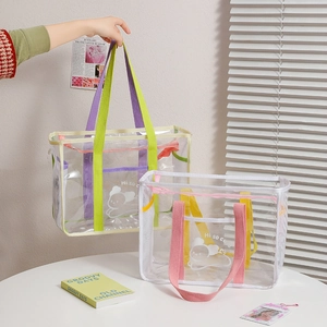 Transparent PVC Mesh Jelly Tote Bag Zipper Large Capacity Beach Shoulder Handbag Cute Cartoon Print For Women Summer