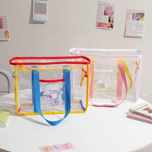 Detail of transparent PVC beach bags with colorful piping and breathable mesh side panels
