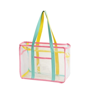 Large transparent pink mesh tote bag with colorful handles and cute cartoon print