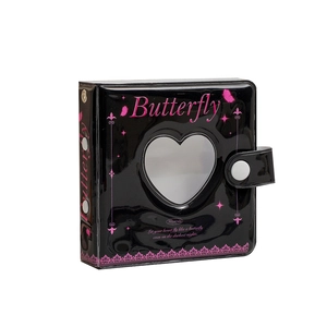 Black glossy 3-inch photo album with heart cutout and butterfly design in Korean style