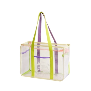Transparent PVC beach tote bag with mesh sides and colorful woven straps in 45-degree view