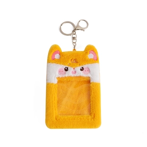 Cute yellow plush cartoon frog card holder with transparent PVC window and silver keychain