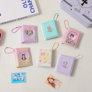 Mini 2-inch cartoon photo album with heart-shaped window and metal bead chain keychain