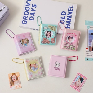 Mini cartoon kpop photocard holders with heart window and bead chains in pastel colors