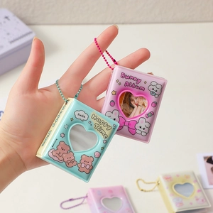 Mini heart-shaped 2-inch cartoon photo album keychain with metal bead chain for photocard storage