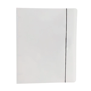 Detail of A4 clear binder with black elastic strap closure and rounded edges