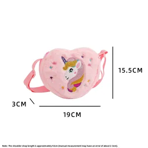 Pink plush heart-shaped crossbody bag for girls with unicorn embroidery and size markings