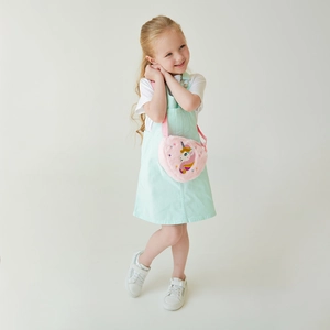 Pink plush unicorn heart shoulder bag for toddlers with embroidered cartoon details