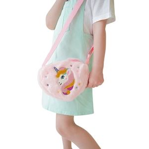 Pink plush unicorn heart crossbody bag for kids with adjustable shoulder strap