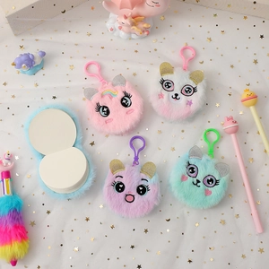 Plush round cartoon unicorn notebooks with glittery ears and colorful faux fur covers