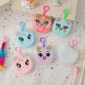 Cute cartoon plush cat keychains in macaroon colors with big eyes and spring hooks