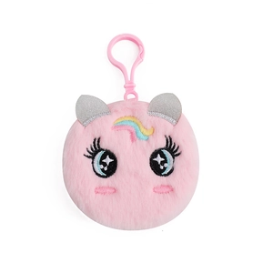 Pink plush unicorn pocket notebook with soft fur, large embroidered eyes, and spring hook