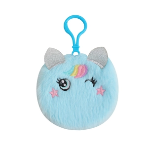 Close-up of blue plush unicorn pendant with sequin ears and colorful embroidery