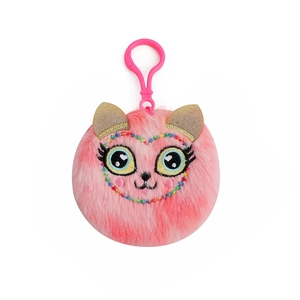 Close-up of pink plush cat keychain with golden sequin ears and rainbow embroidery details