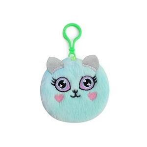 Close-up of mint green plush cat pendant with embroidered purple eyes and pink heart cheeks