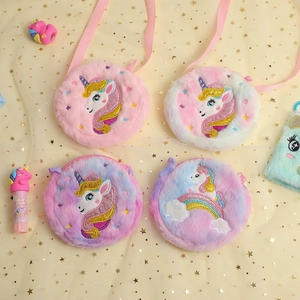 Sacs bandoulière licorne ronds en peluche pour filles avec fourrure colorée et broderies