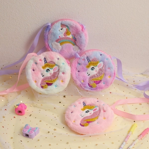 Sacs à bandoulière ronds licorne en peluche pour filles aux couleurs pastel arc-en-ciel