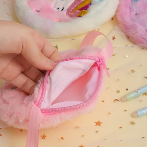 Sac licorne en peluche rose pour filles avec texture douce et fermeture éclair