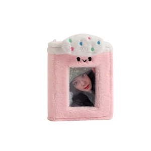 Pink plush cloud photo card binder with cute smiling face and heart pattern details