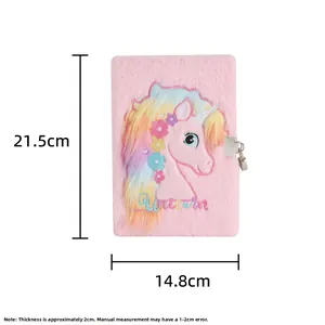 Pink plush unicorn diary with lock and key measures 21.5cm high and 14.8cm wide