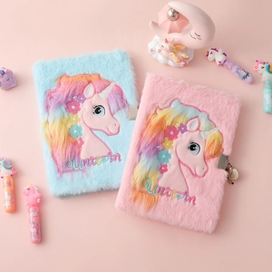 A5 plush unicorn notebook set with metal heart lock and matching pen for girls