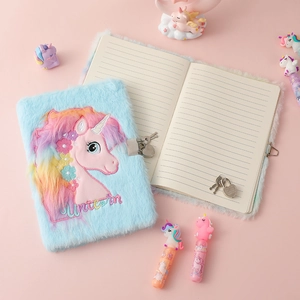 Plush unicorn A5 journal set with lock and keys on pink background for girls
