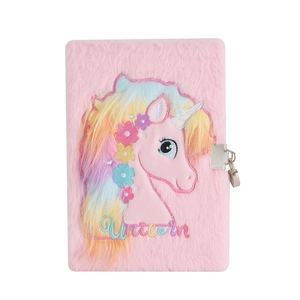 Pink plush unicorn A5 notebook for girls featuring a soft furry cover and metal lock