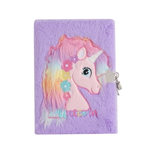 Detail of purple plush unicorn notebook featuring soft faux fur and silver metal lock