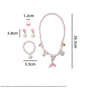 Mermaid jewelry set with necklace and bracelet dimensions shown on white background
