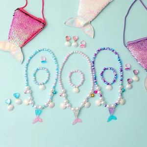 Kids mermaid jewelry set with pearl necklaces, rings and sequin mermaid tail purses