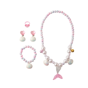 Kids mermaid jewelry set with colorful pearls, seashell pendants and pink fishtail necklace