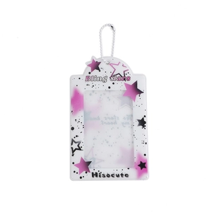 Detail of white PVC star photocard holder with beaded chain and glossy finish