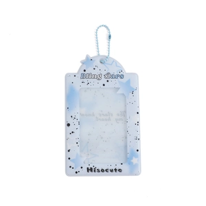 Blue star printed PVC photocard holder with hanging chain and transparent window for photos