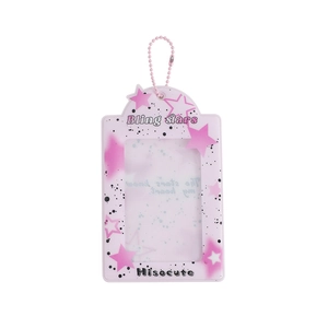 Pink star-patterned clear card holder with 'Bling stars' text and metal bead chain