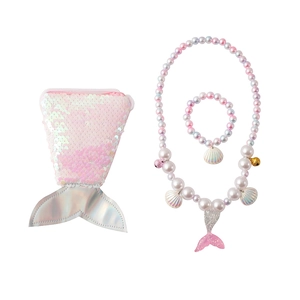 Kids mermaid jewelry set with sequins handbag beaded necklace and bracelet
