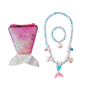 Kids mermaid jewelry set with pink blue beaded necklace bracelet and sequin coin purse