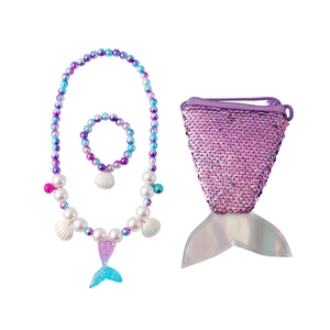 Three-piece mermaid jewelry set for kids featuring beaded necklace and sequin coin purse