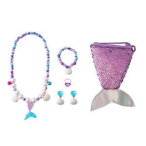 Detailed set of mermaid theme jewelry with beaded necklace, bracelet and sequin coin purse