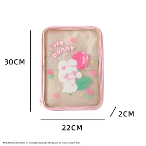 Pink cartoon iPad sleeve 30x22x2cm dimensions showing transparent PVC and mesh details