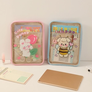 Close-up of functional internal mesh pockets and pen holder in cartoon tablet sleeve