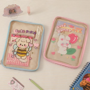 Cartoon Tablet Sleeve Transparent PVC Mesh Multi Compartment Organizer Storage Case For Girls Students Cute Animal Pattern