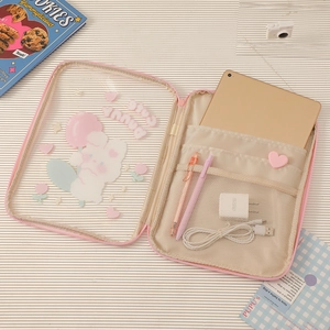 Pink cartoon iPad sleeve with transparent PVC bunny design and internal storage slots