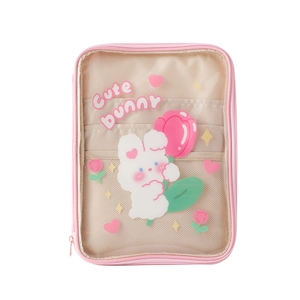 Pink cute bunny PVC transparent tablet sleeve with floral illustrations for 11 inch iPad