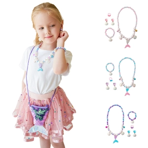 Mermaid Jewelry Beaded Necklace Bracelet Heart Earrings Ring Sequin Tail Bag For Kids Girls Plastic Artificial Pearl Ocean Theme Dreamy Style