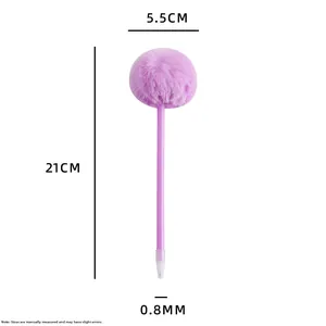Detail view of purple plush ball pen with 5.5cm pompom and 0.8mm bullet tip nib