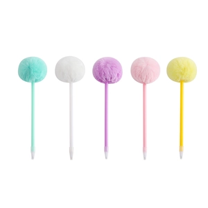 Set of 5 colorful pens with large fluffy pom-poms in macaron colors on white background