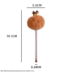 Detailed view of brown cartoon reindeer plush pen showing 19.1cm length and 5.5cm pom pom