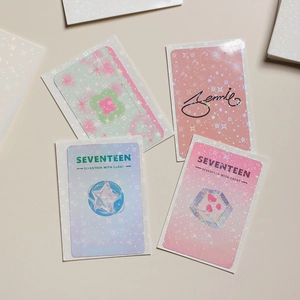 Detail of laser glitter K-pop photocard sleeves with holographic Seventeen design