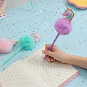 Simpatiche penne a sfera unicorno con pompon in colori pastello per cancelleria regalo
